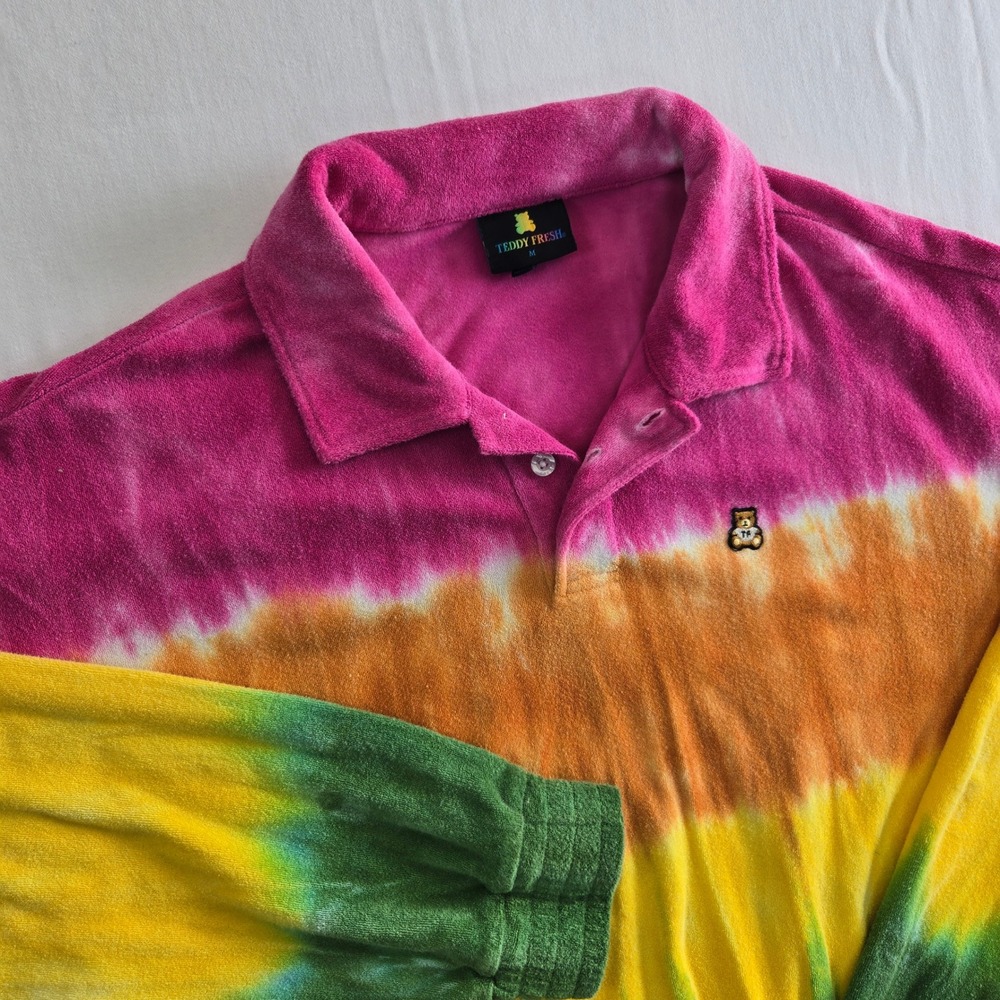 Retro Teddy Fresh Tie Dye Terry Cloth Long Sleeve Polo Shirt Womens M